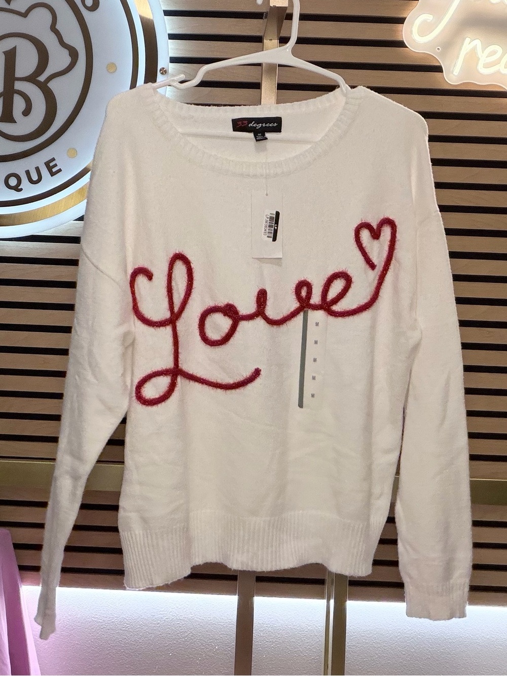 32 Degrees White Sweater with Red "Love" Script